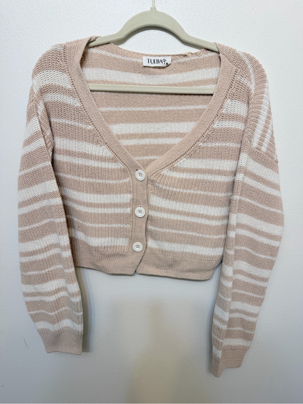 Striped V-Neck Cropped Cardigan Sweater - Beige & White